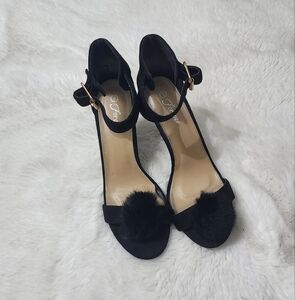 Elegant Black Women's Heels with Pom-Pom Detail